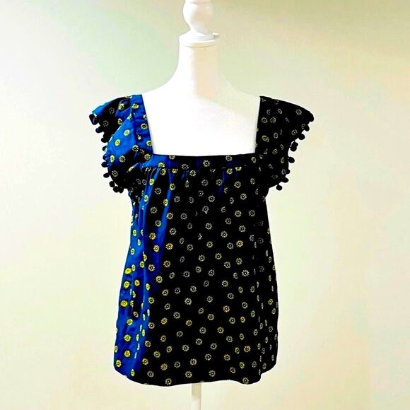 J.Crew Cotton Poplin Square Neck Navy and Yellow Daisy Print Pom-Pom Top  Size 6 - Picture 2 of 9